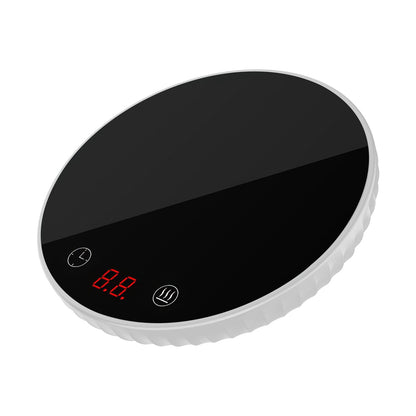 EasyOptionXY desktop electric cup warmer with ceramic heating panel, adjustable temperature, smart timer, and overheating protection.
