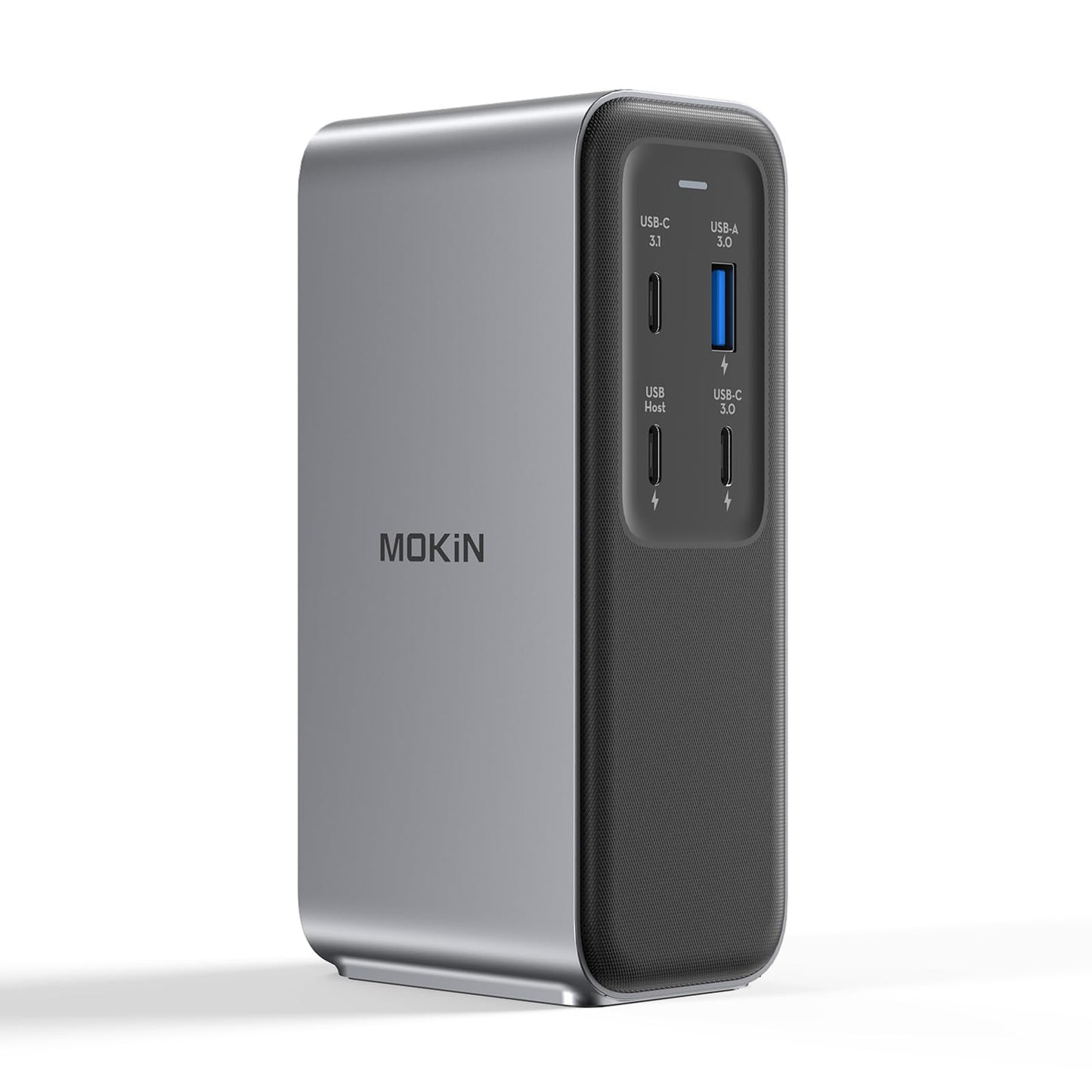 EasyOptionXY grey USB-C laptop docking station with 4K HDMI, 100W PD charging, gigabit Ethernet, and fast data transfer ports.