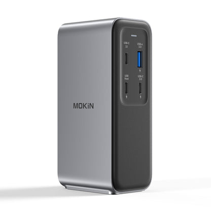 EasyOptionXY grey USB-C laptop docking station with 4K HDMI, 100W PD charging, gigabit Ethernet, and fast data transfer ports.