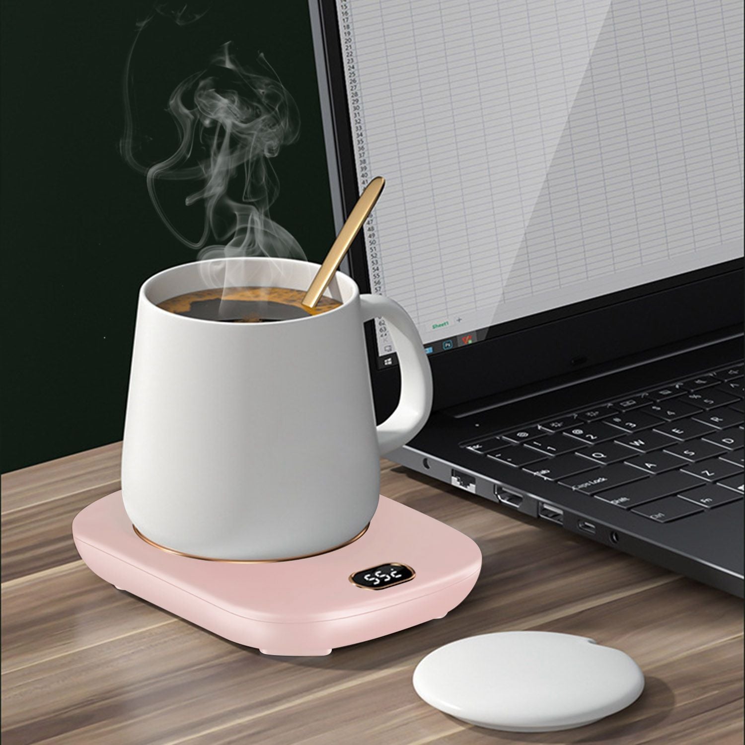 EasyOptionXY electric coffee mug warmer with USB, three temperature settings, auto shut-off, for tea, coffee, or milk on a desk.