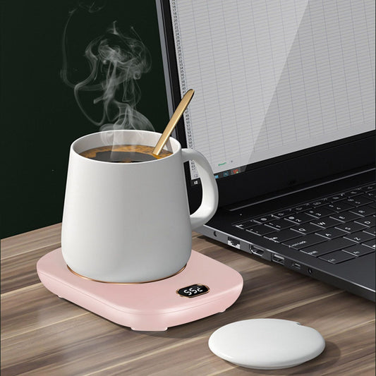 EasyOptionXY pink electric coffee mug warmer for desk with auto shut-off, USB power, and 3 temperature settings for tea and beverages.