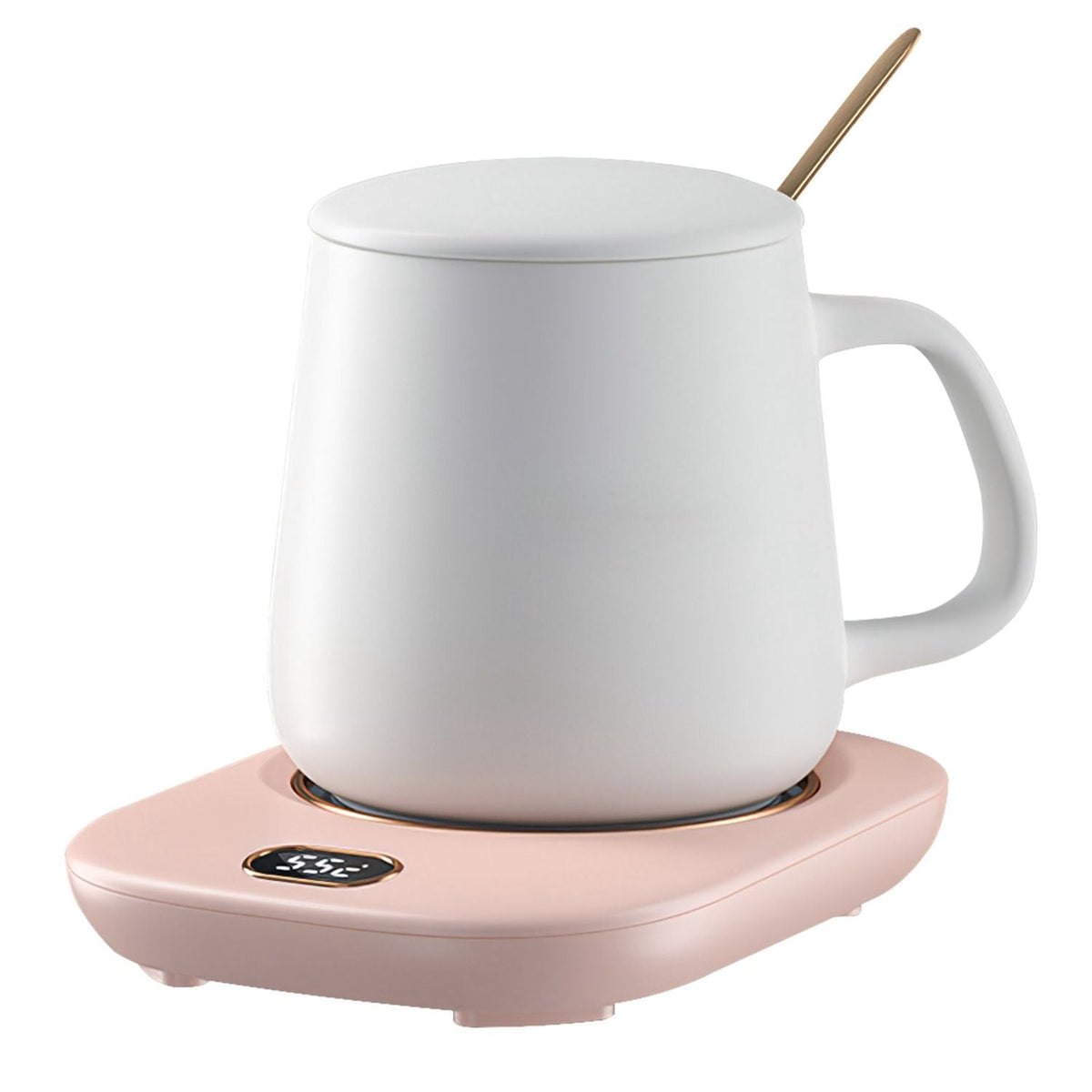 EasyOptionXY electric coffee mug warmer with USB, showing a heated mug on a desk with adjustable temperature settings.