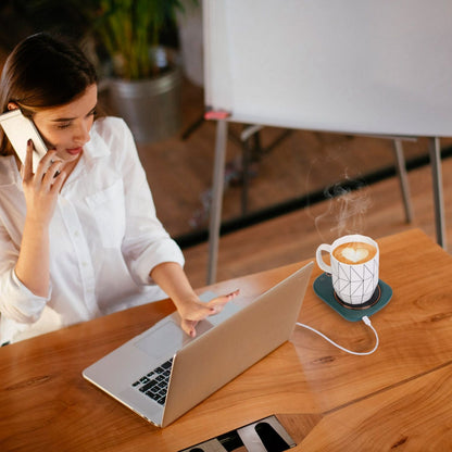 EasyOptionXY electric coffee mug warmer with USB, three temperature settings, auto shut-off, designed for desk use with tea or beverages.