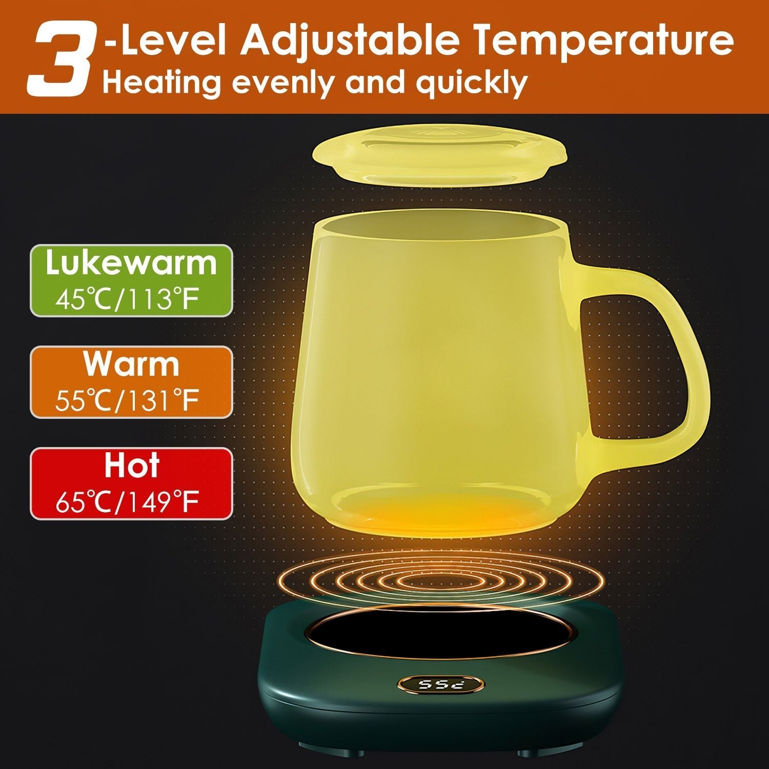 EasyOptionXY electric coffee mug warmer for desk with USB, three temperature settings, auto shut-off, suitable for tea, milk, and beverages.