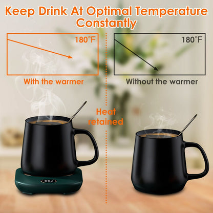 EasyOptionXY electric coffee mug warmer with three temperature settings, USB-powered desk warmer for tea, coffee, and beverages.