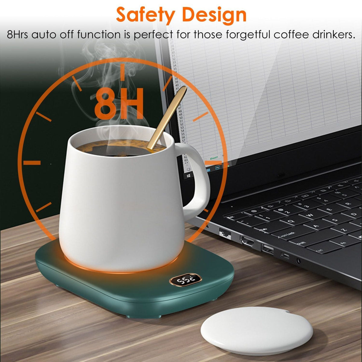 EasyOptionXY electric coffee mug warmer with digital display, showing a mug on a desk with three temperature settings and USB power.