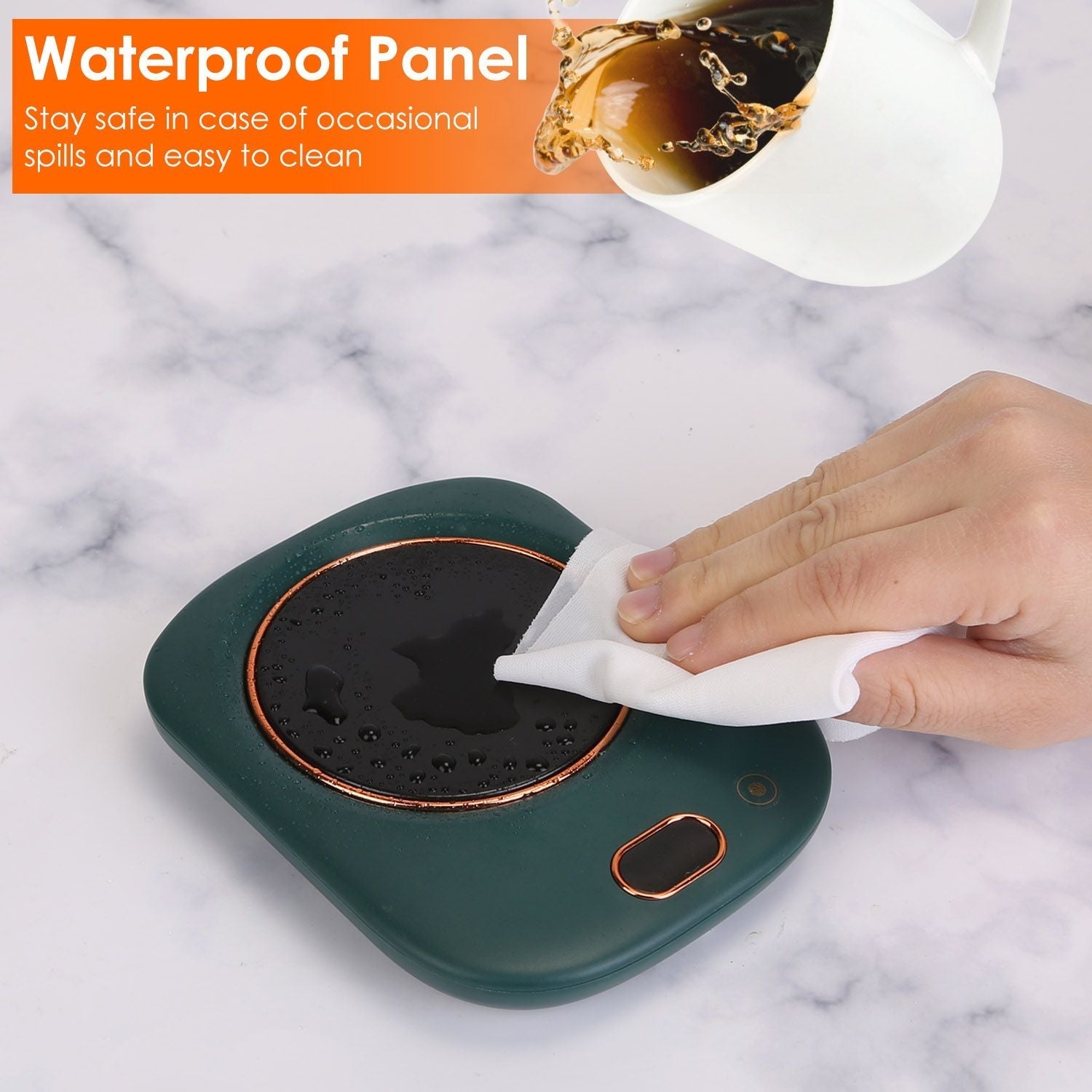 EasyOptionXY electric coffee mug warmer with USB, featuring three temperature settings and auto shut-off for desk use.