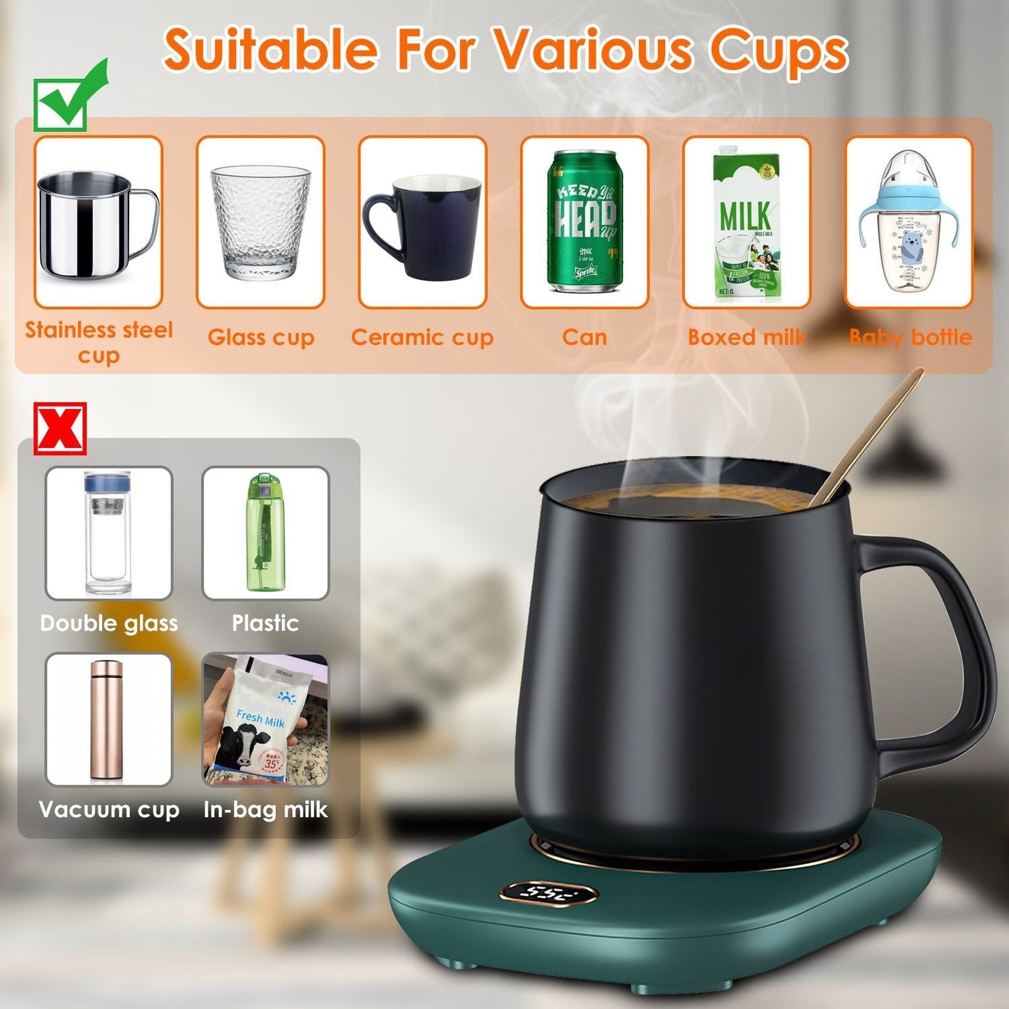 EasyOptionXY electric coffee mug warmer for desk with USB, adjustable temperature settings, auto shut-off, suitable for tea and beverages.