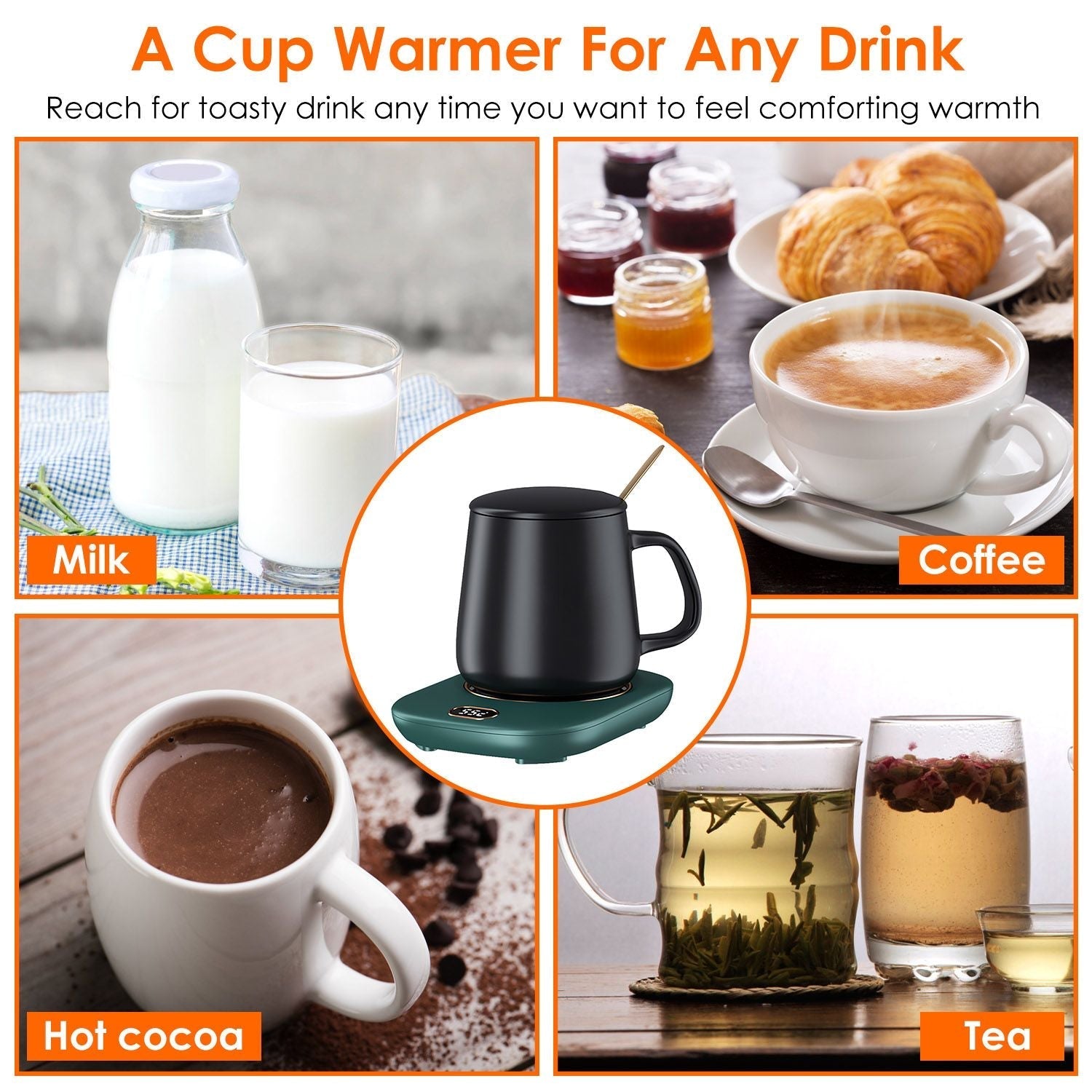 EasyOptionXY electric coffee mug warmer on desk with USB connection, showing three temperature settings and a ceramic mug.