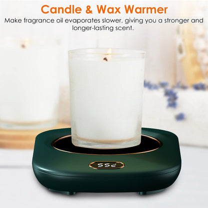 EasyOptionXY electric coffee mug warmer with USB, three temperature settings, shown on a desk with a mug of tea or coffee