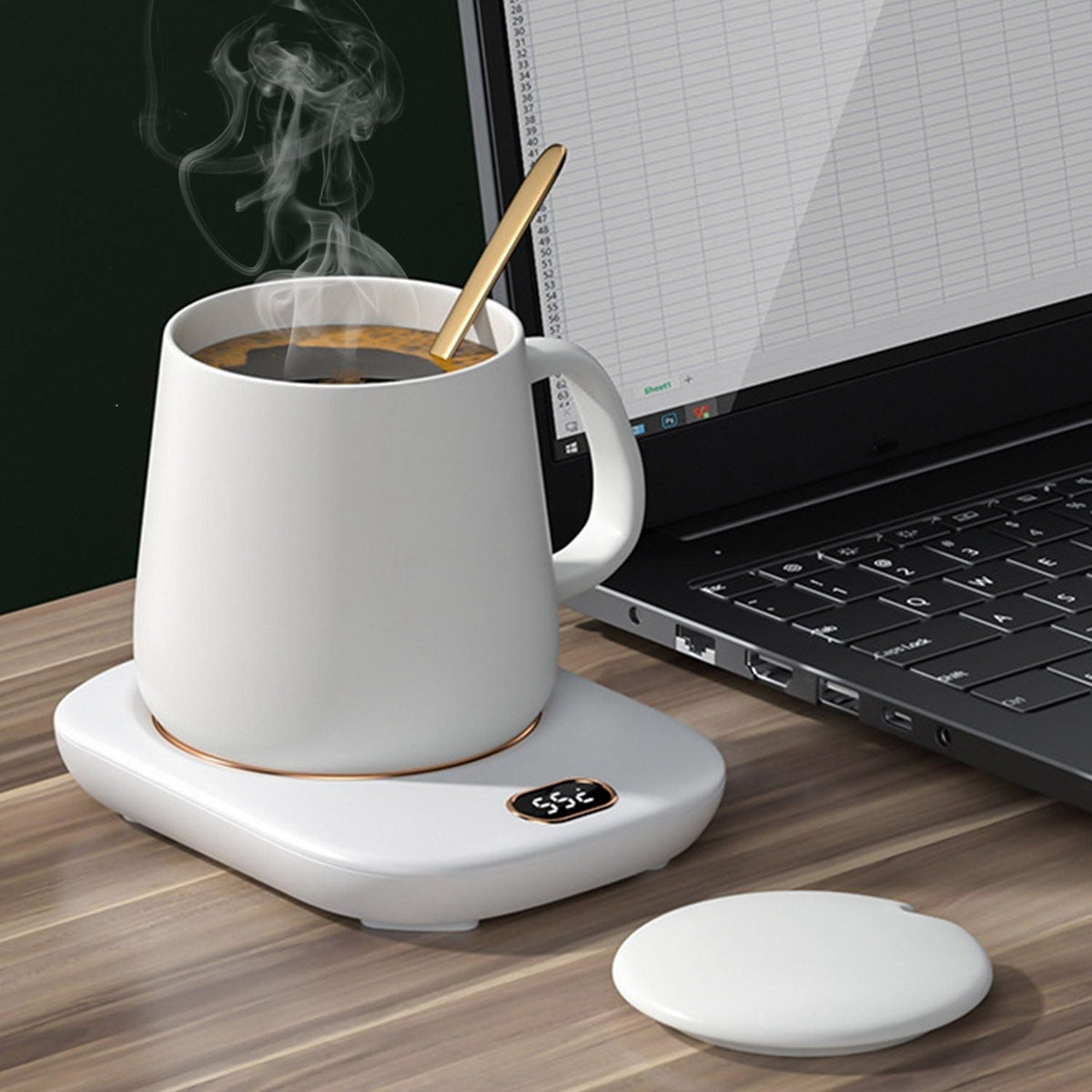 EasyOptionXY electric coffee mug warmer with USB, three temperature settings, auto shut-off, designed for desk use with a beverage cup.