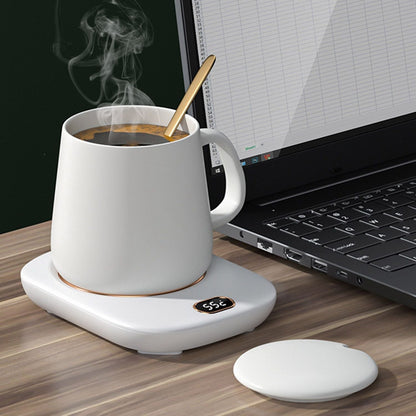 EasyOptionXY electric coffee mug warmer with USB, three temperature settings, auto shut-off, designed for desk use with a beverage cup.