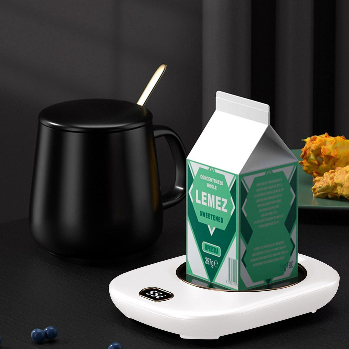 EasyOptionXY electric coffee mug warmer with USB, three temperature settings, and auto shut-off, shown with a mug on a desk.