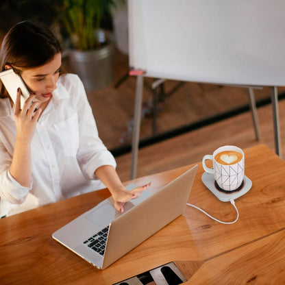 EasyOptionXY electric coffee mug warmer for desk with USB, featuring three temperature settings and auto shut-off for tea and beverages.