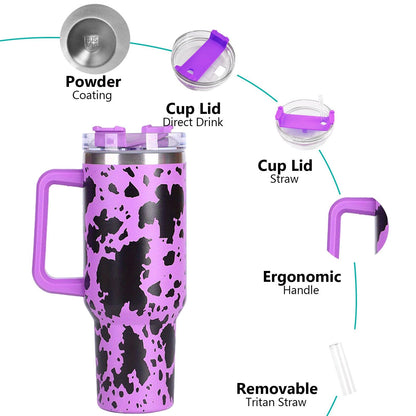 EasyOptionXY 40oz cowprint insulated stainless steel tumbler with handle, straw lid, large capacity for outdoor, travel, and camping.