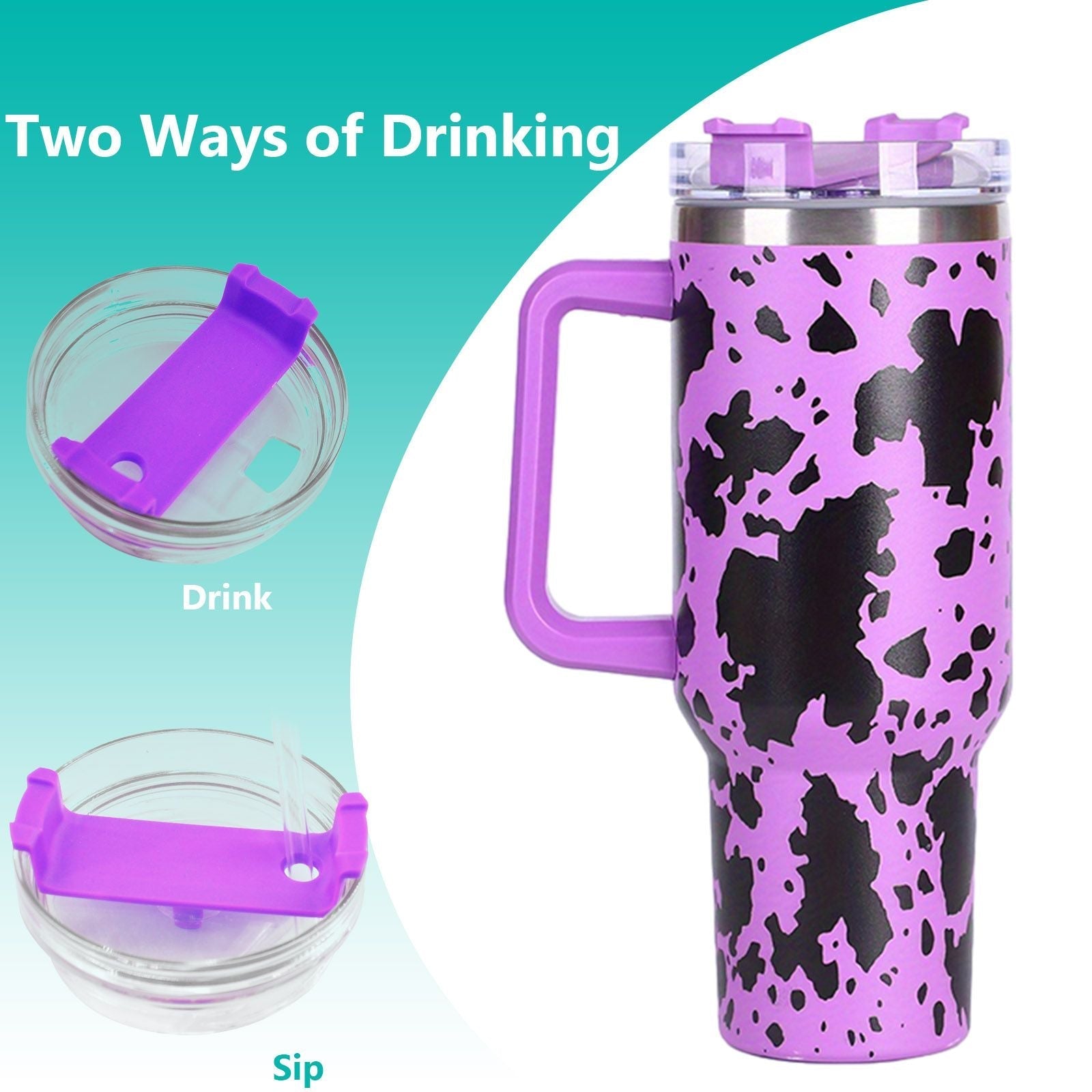EasyOptionXY 40oz cowprint insulated stainless steel tumbler with handle, straw lid, large capacity, ideal for travel and outdoor use.