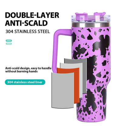 EasyOptionXY 40oz cowprint insulated stainless steel tumbler with handle, straw lid, large capacity for travel, camping, and outdoor use.