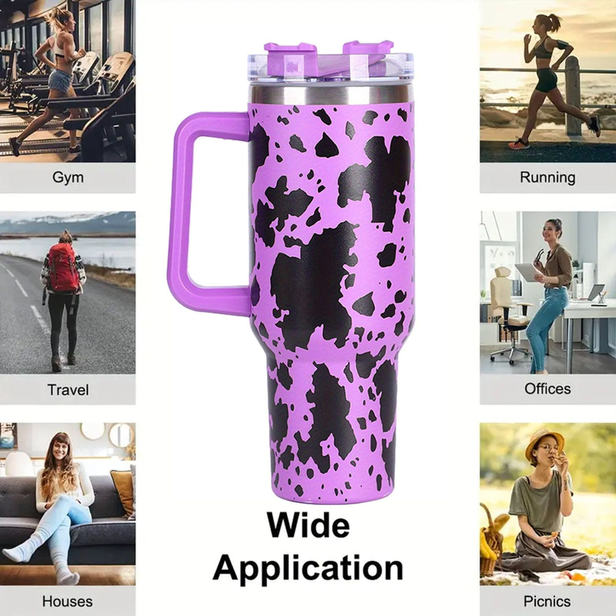 EasyOptionXY 40oz cowprint insulated stainless steel tumbler with handle, straw lid, ideal for travel, outdoor sports, and camping.