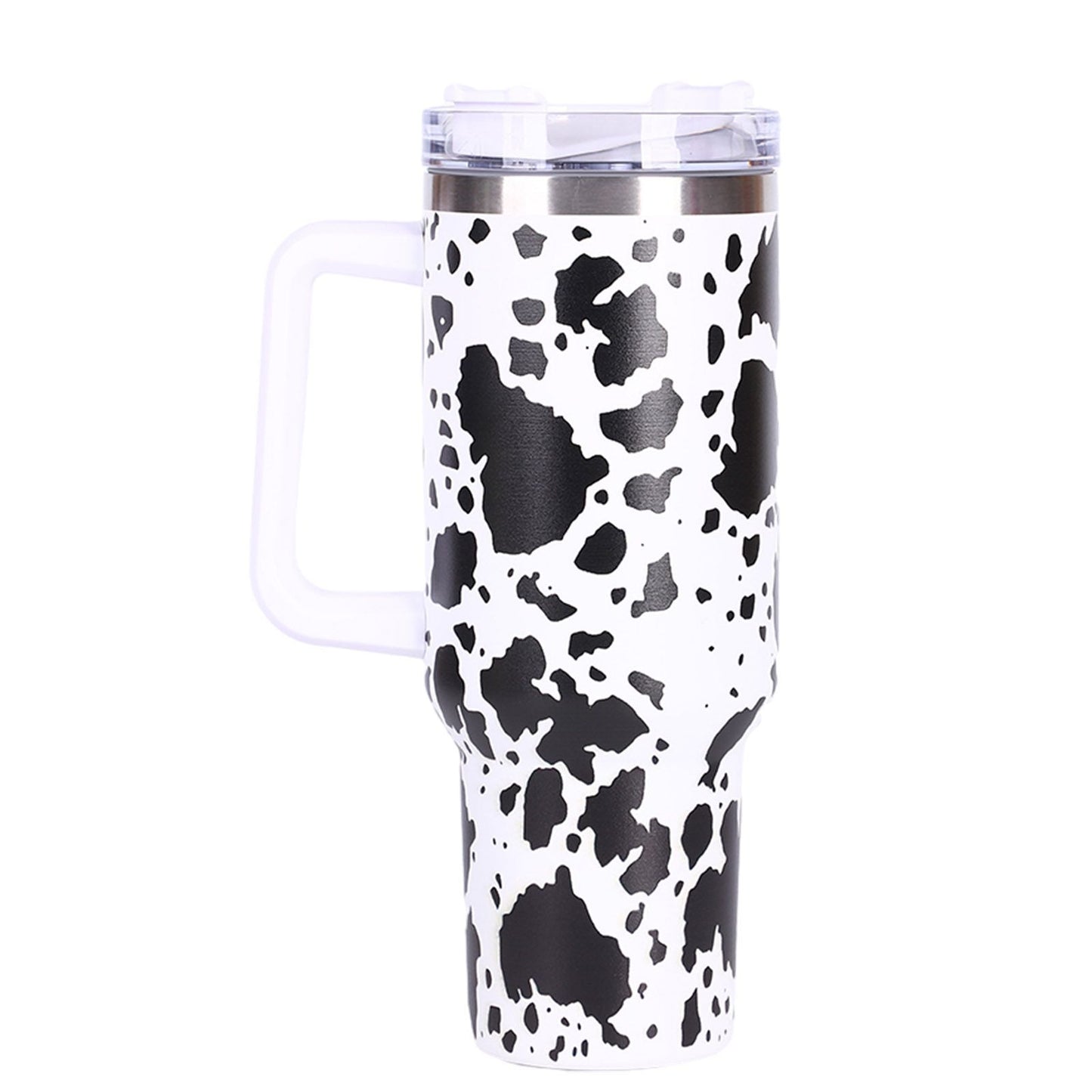 EasyOptionXY 40oz cowprint insulated stainless steel tumbler with handle, straw lid, large capacity for travel, outdoor sports, and camping