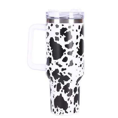 EasyOptionXY 40oz cowprint insulated stainless steel tumbler with handle, straw lid, large capacity for travel, outdoor sports, and camping