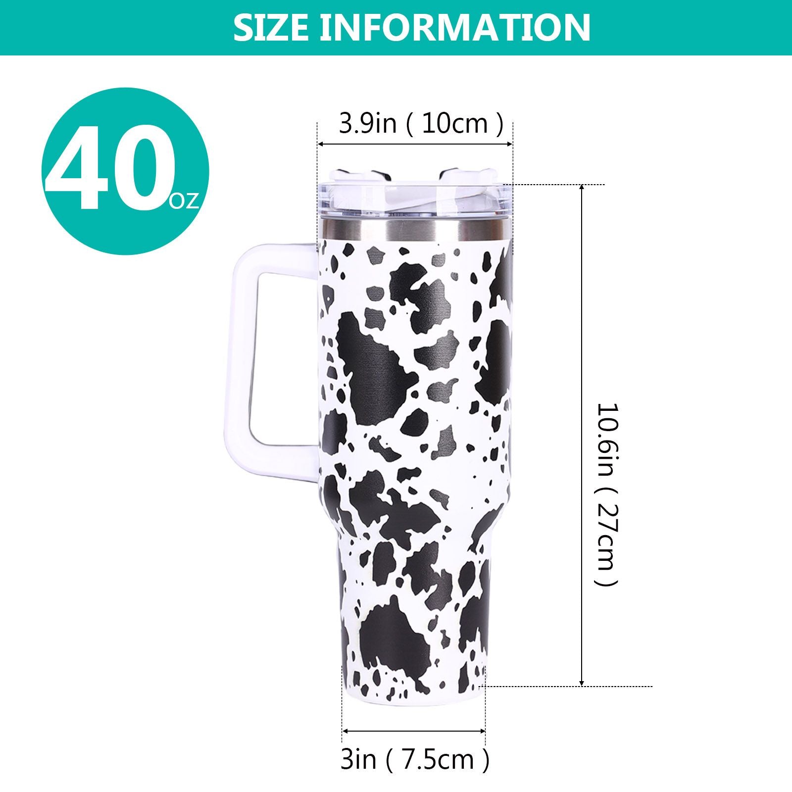 EasyOptionXY 40oz cowprint insulated tumbler with handle, straw lid, stainless steel, large capacity, perfect for travel and outdoor use.