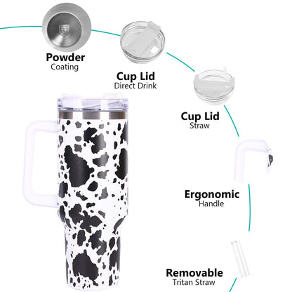 EasyOptionXY 40oz cowprint insulated stainless steel tumbler with handle, straw lid, large capacity for travel, camping, and outdoor use