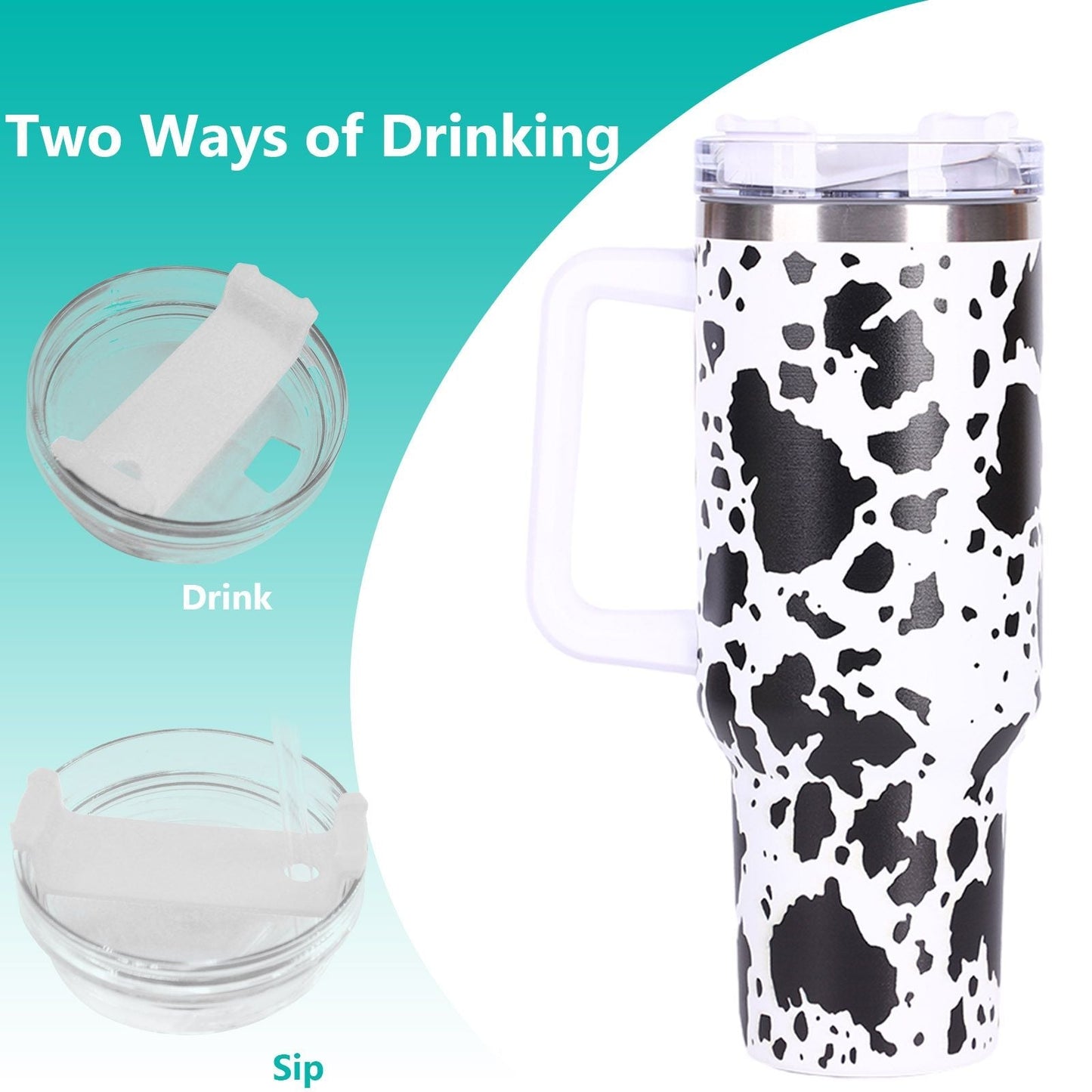 EasyOptionXY 40oz cowprint insulated stainless steel tumbler with handle and straw lid, ideal for travel, outdoor sports, and camping.