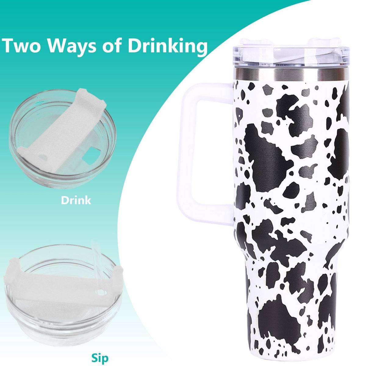 EasyOptionXY 40oz cowprint insulated stainless steel tumbler with handle and straw lid, ideal for travel, outdoor sports, and camping.