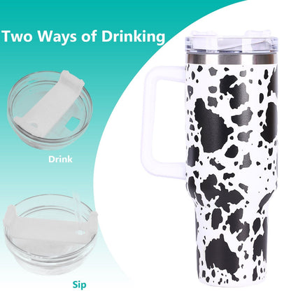 EasyOptionXY 40oz cowprint insulated stainless steel tumbler with handle and straw lid, ideal for travel, outdoor sports, and camping.