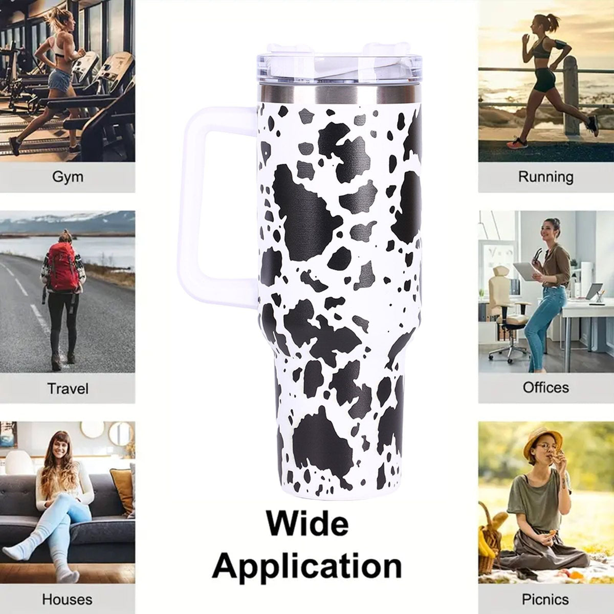 EasyOptionXY 40oz cowprint insulated stainless steel tumbler with handle, straw lid, large capacity for travel, outdoor, and camping.
