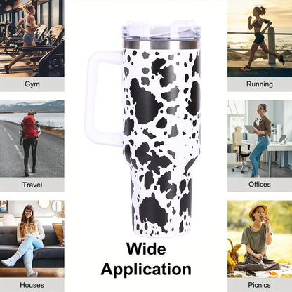 EasyOptionXY 40oz cowprint insulated stainless steel tumbler with handle, straw lid, large capacity for travel, outdoor, and camping.