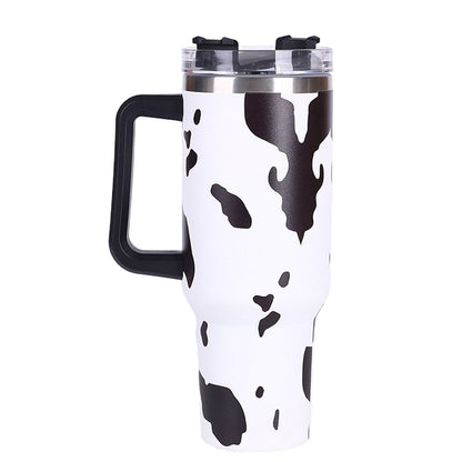 EasyOptionXY 40oz cowprint insulated stainless steel tumbler with handle, straw lid, large capacity, ideal for outdoor sports and travel.