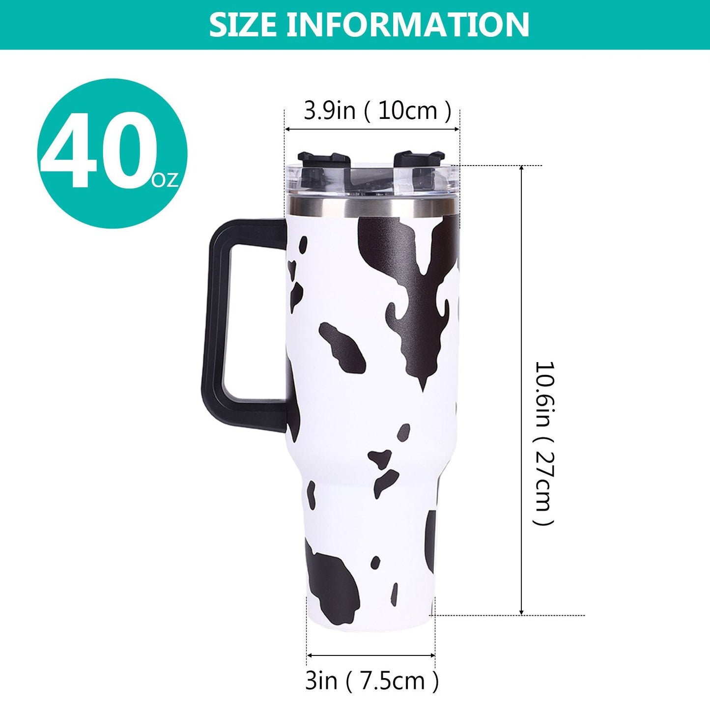 EasyOptionXY 40oz cowprint insulated stainless steel tumbler with handle, straw lid, large capacity for outdoor travel and camping.