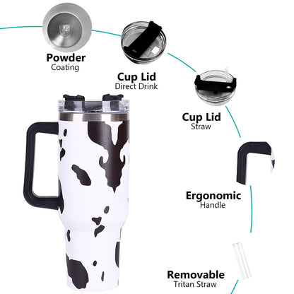 EasyOptionXY 40oz cowprint insulated stainless steel tumbler with handle, straw lid, large capacity for travel, camping, and outdoor use