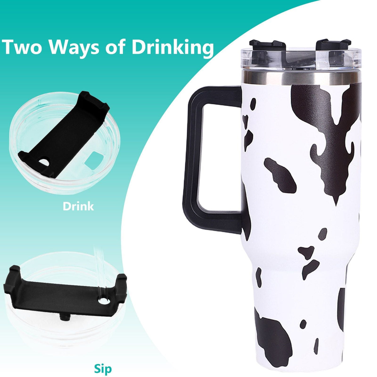 EasyOptionXY 40oz cowprint insulated stainless steel tumbler with handle, straw lid, large capacity for travel, camping, and outdoor use.