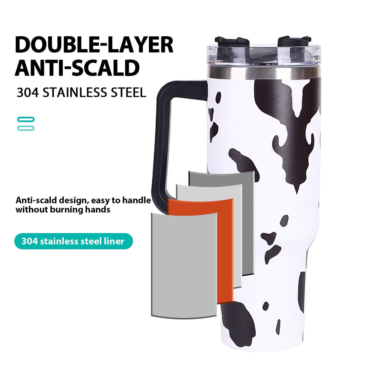 EasyOptionXY 40oz cowprint insulated stainless steel tumbler with handle and straw lid, suitable for outdoor travel and camping.