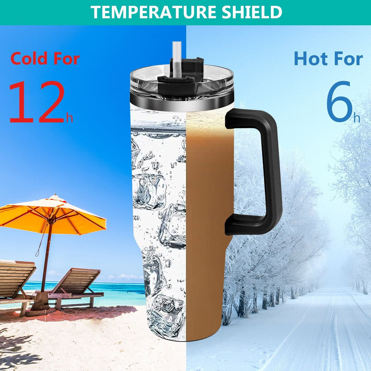 EasyOptionXY 40oz cowprint insulated stainless steel tumbler with handle, straw lid, large capacity, suitable for travel, camping, and outdoor use.