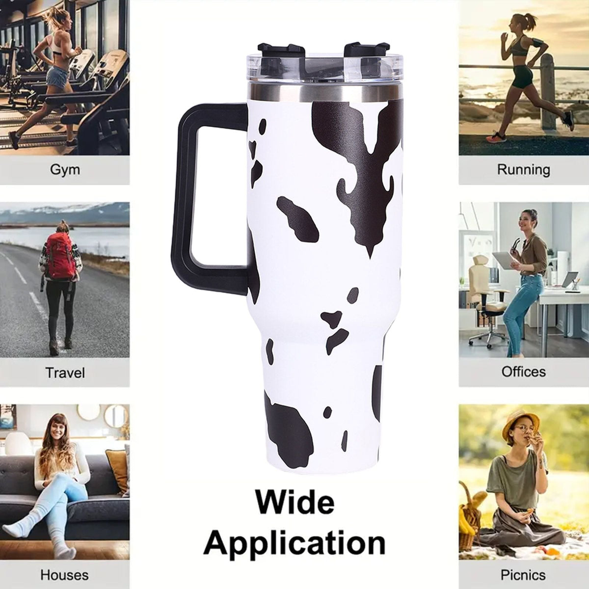 EasyOptionXY 40oz cowprint insulated tumbler with handle, straw lid, stainless steel, large capacity for outdoor travel and camping