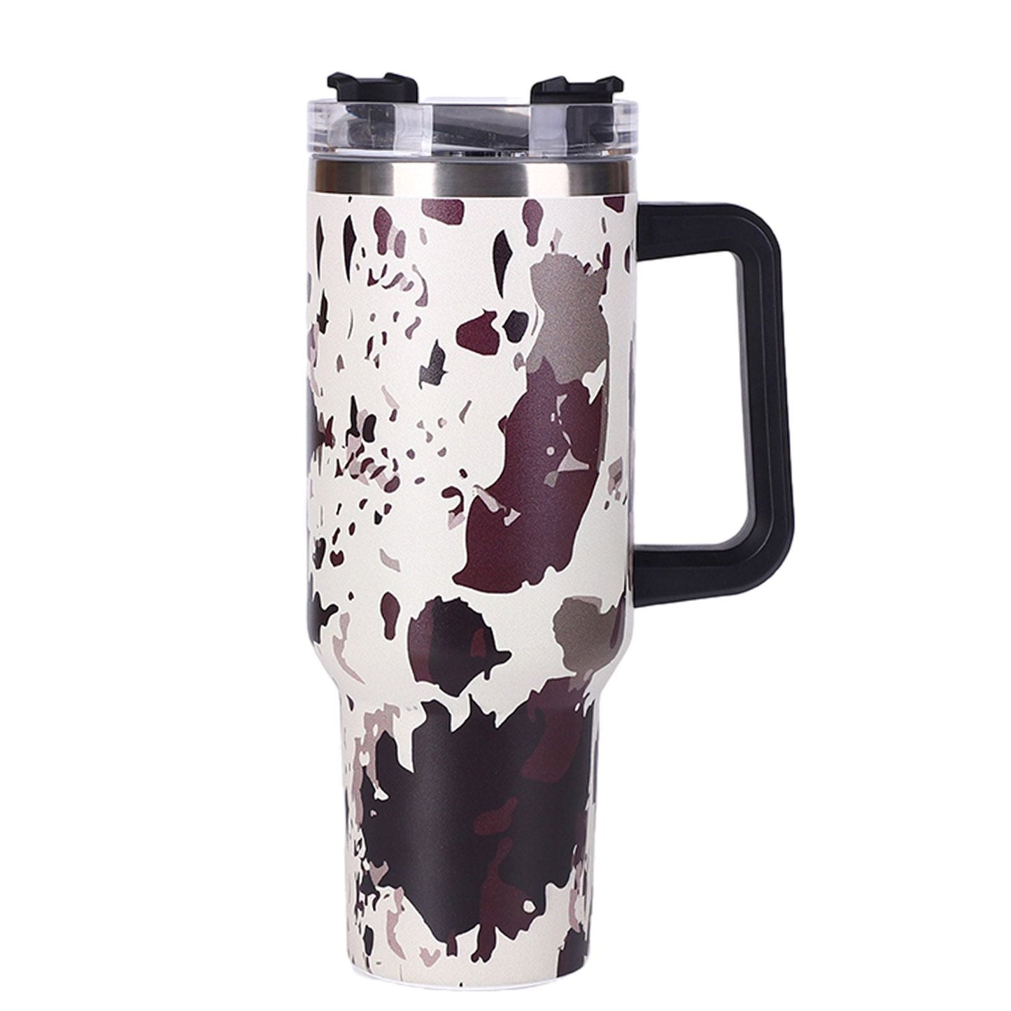 EasyOptionXY 40oz cowprint insulated stainless steel tumbler with handle and straw lid, ideal for travel, outdoor sports, and camping.