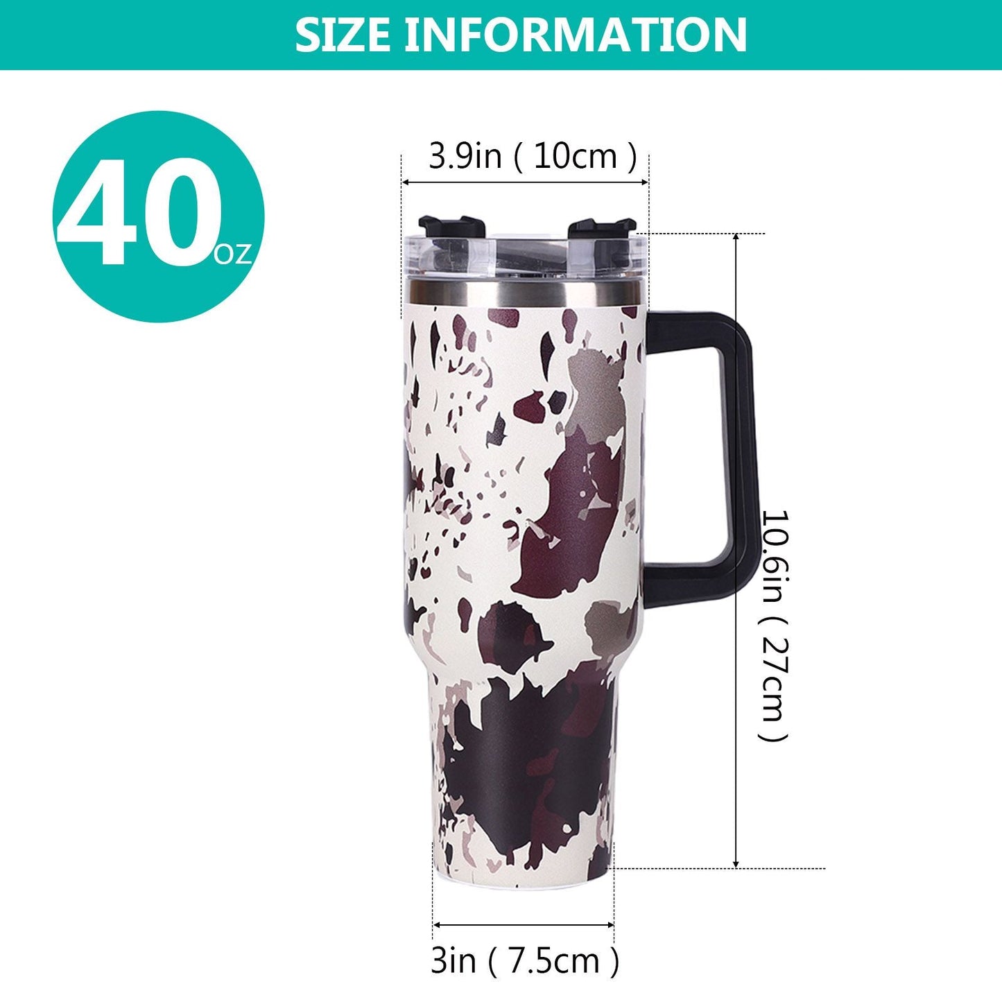 EasyOptionXY 40oz cowprint insulated stainless steel tumbler with handle, straw lid, large capacity for outdoor, travel, and camping use.