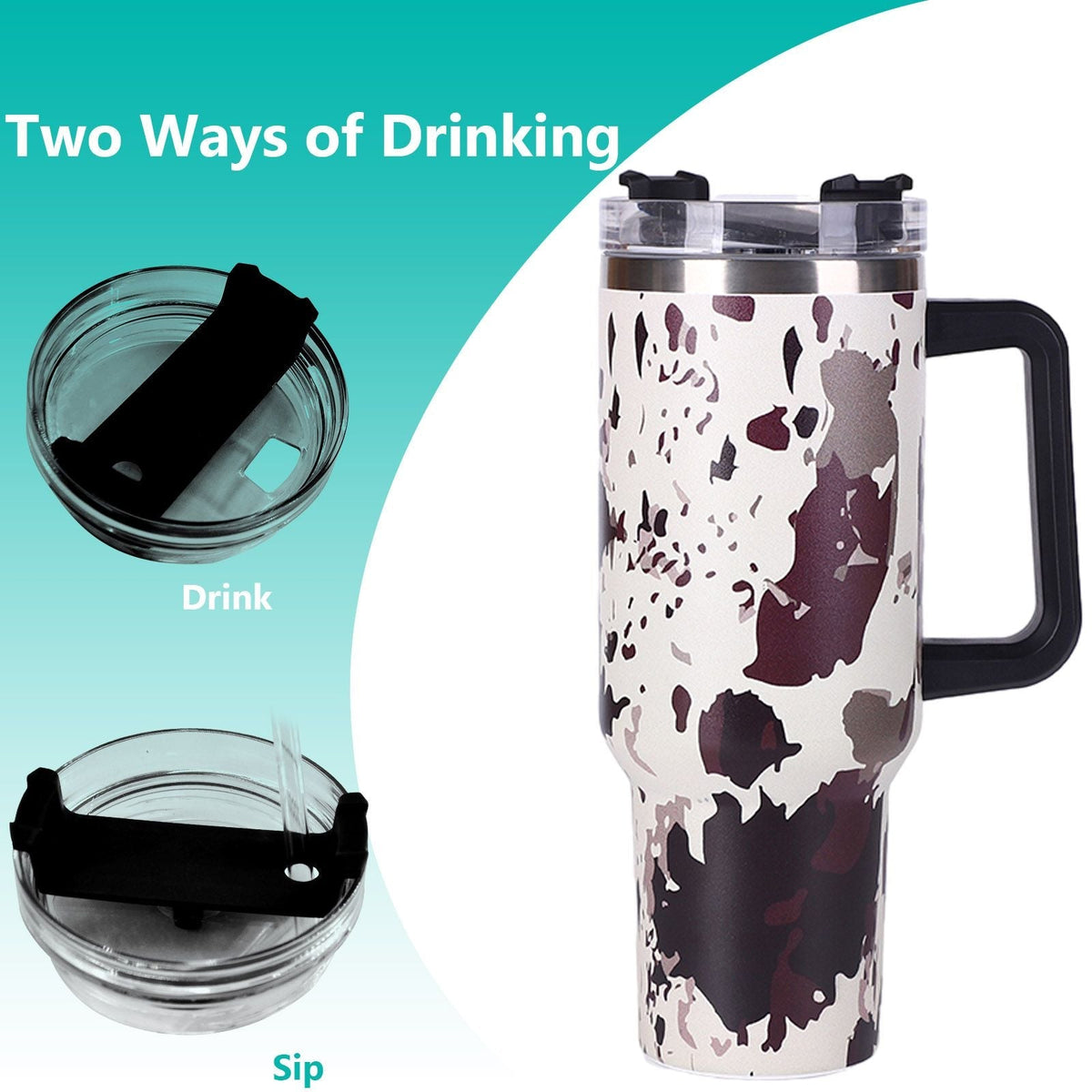 EasyOptionXY 40oz cowprint insulated stainless steel tumbler with handle, straw lid, large capacity for outdoor sports and travel.