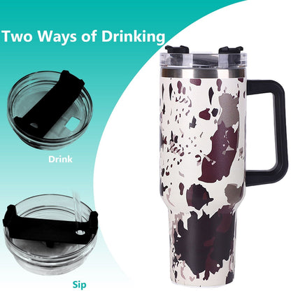 EasyOptionXY 40oz cowprint insulated stainless steel tumbler with handle, straw lid, large capacity for outdoor sports and travel.