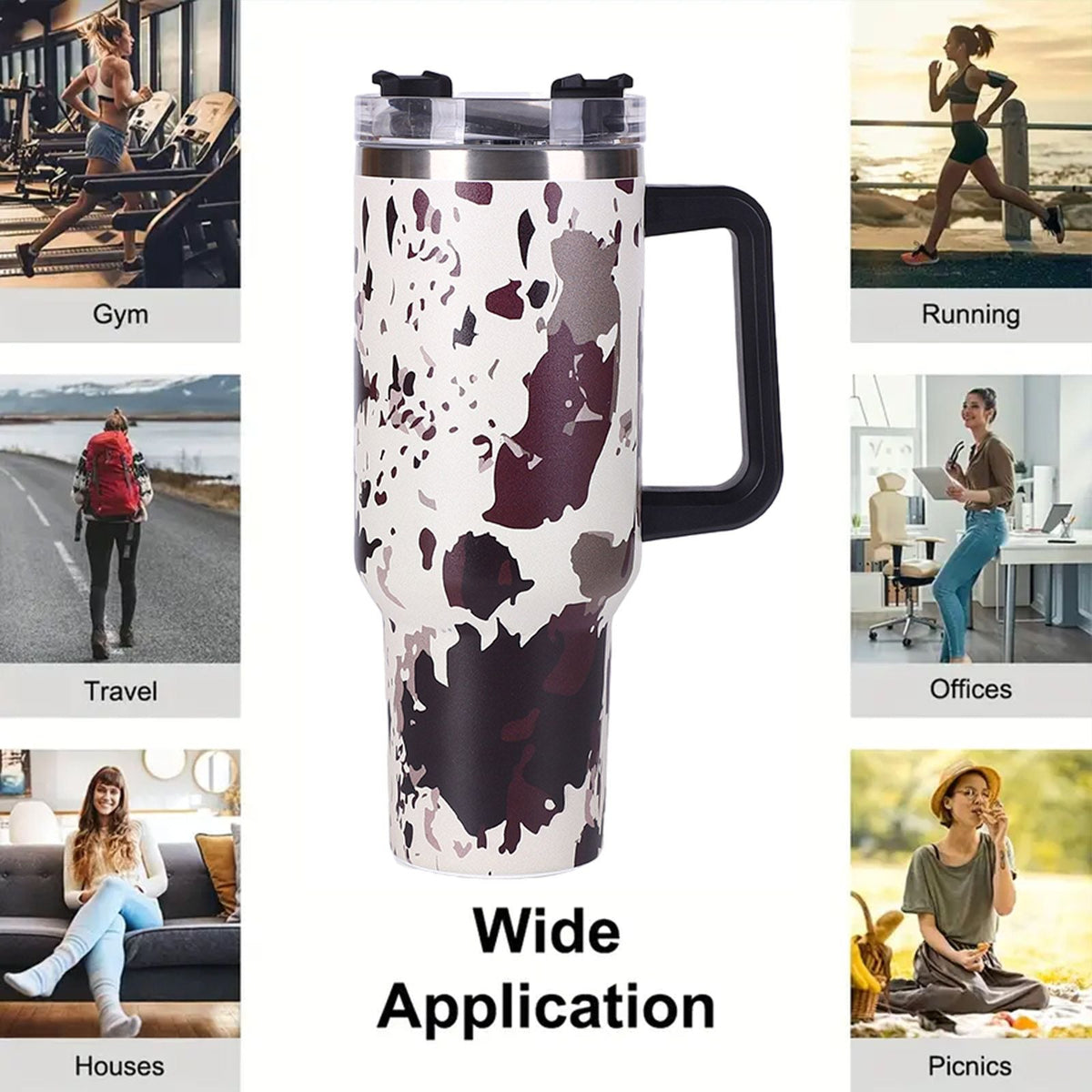 EasyOptionXY 40oz cowprint insulated stainless steel tumbler with handle, straw lid, large capacity for travel, camping, outdoor use