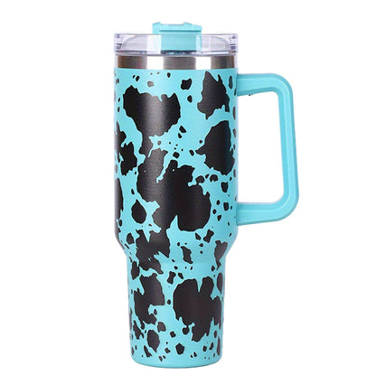 EasyOptionXY 40oz cowprint insulated stainless steel tumbler with handle, straw lid, large capacity, suitable for travel and outdoor use