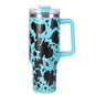 EasyOptionXY 40oz cowprint insulated stainless steel tumbler with handle, straw lid, large capacity, suitable for travel and outdoor use