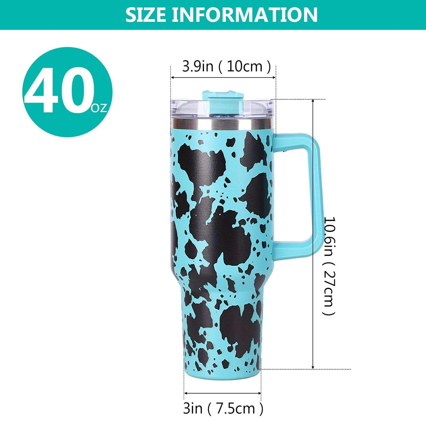 EasyOptionXY 40oz cowprint insulated stainless steel tumbler with handle, straw lid, large capacity for outdoor sports and travel.
