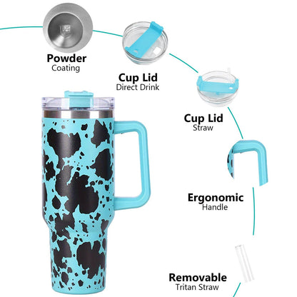 EasyOptionXY 40oz cowprint insulated stainless steel tumbler with handle, straw lid, large capacity for outdoor sports and travel.