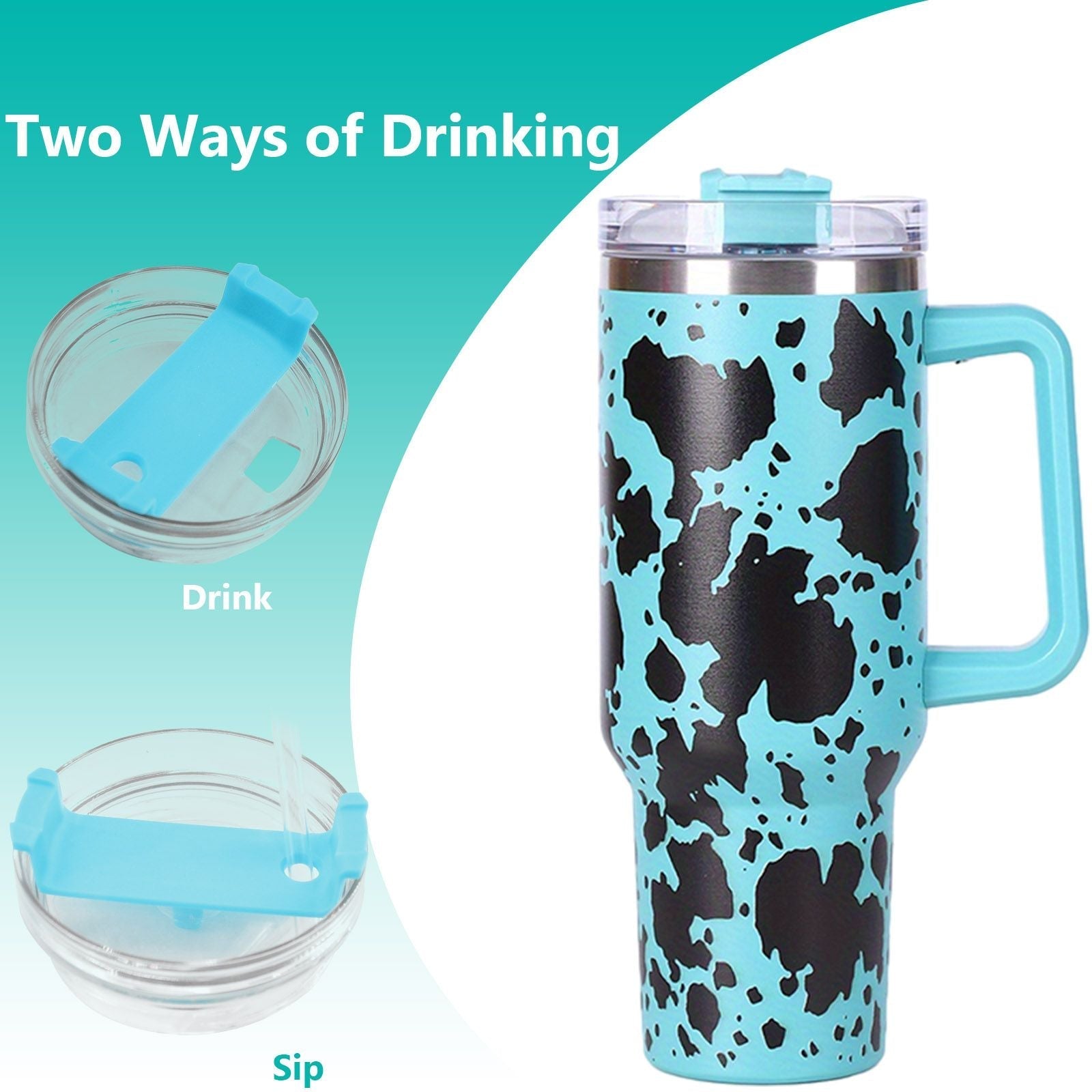 EasyOptionXY 40oz cowprint insulated stainless steel tumbler with handle, straw lid, large capacity for travel, camping, and outdoor use
