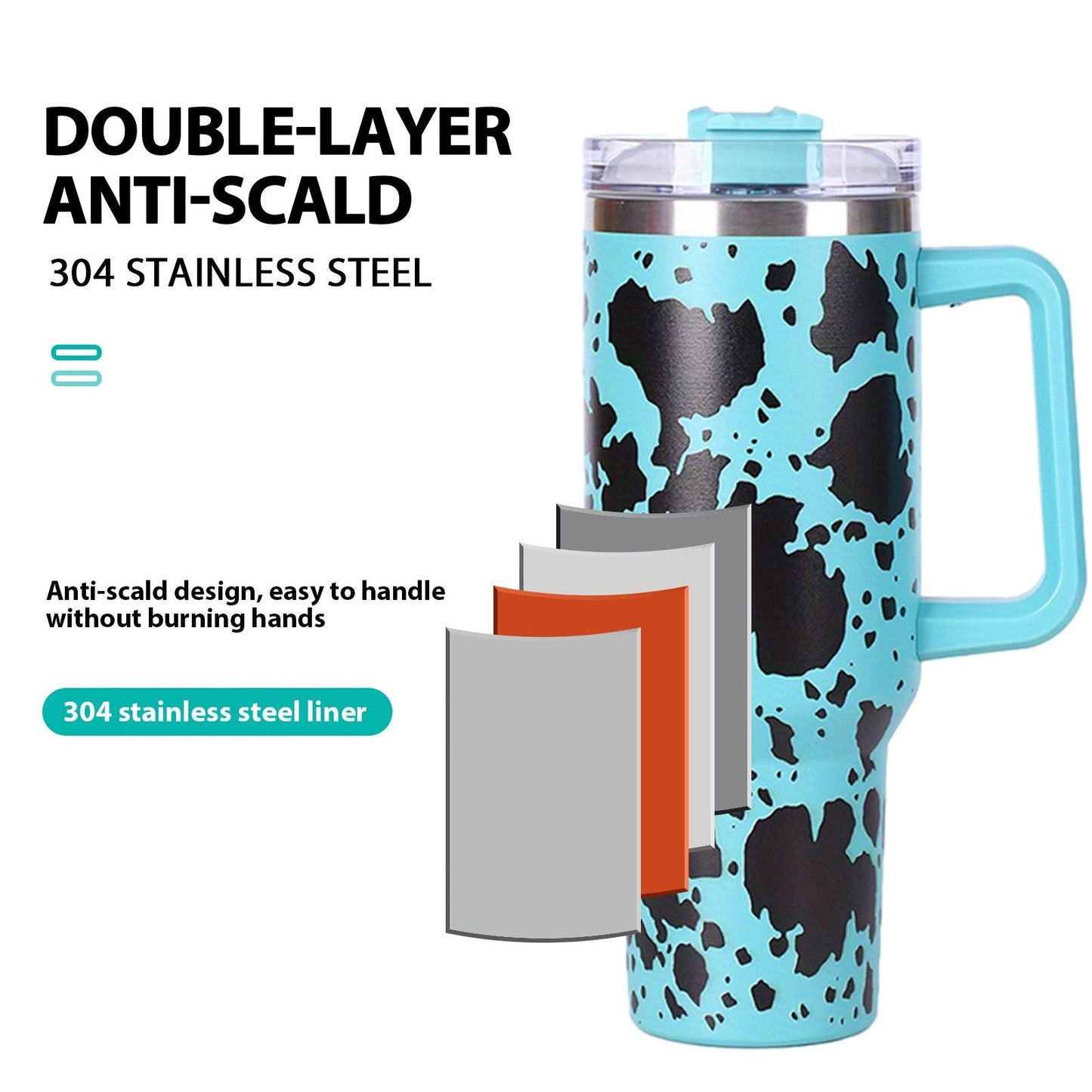EasyOptionXY 40oz cowprint insulated stainless steel tumbler with handle, straw lid, large capacity for travel, outdoor, and camping.