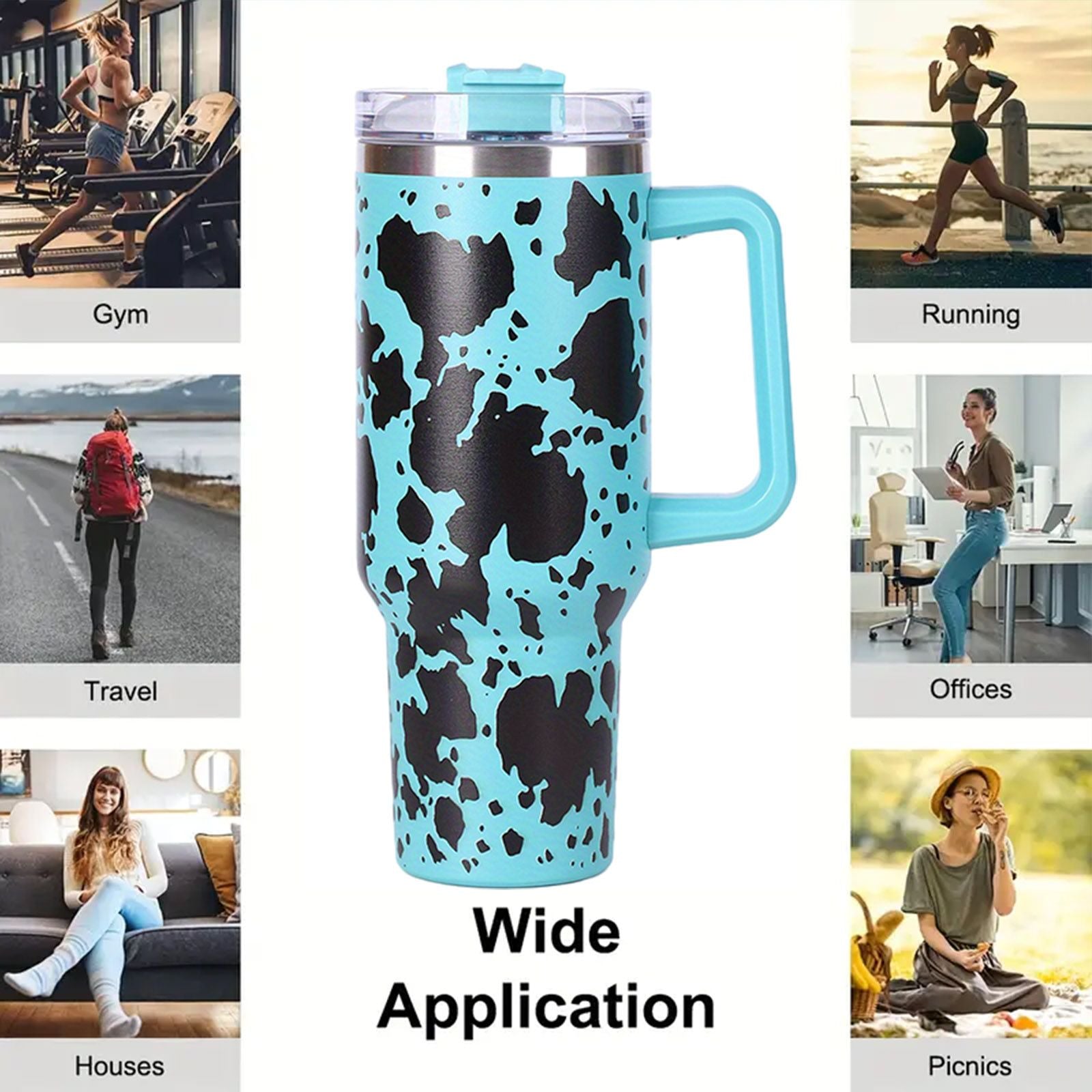 EasyOptionXY 40oz cowprint insulated stainless steel tumbler with handle, straw lid, large capacity, for travel and outdoor use